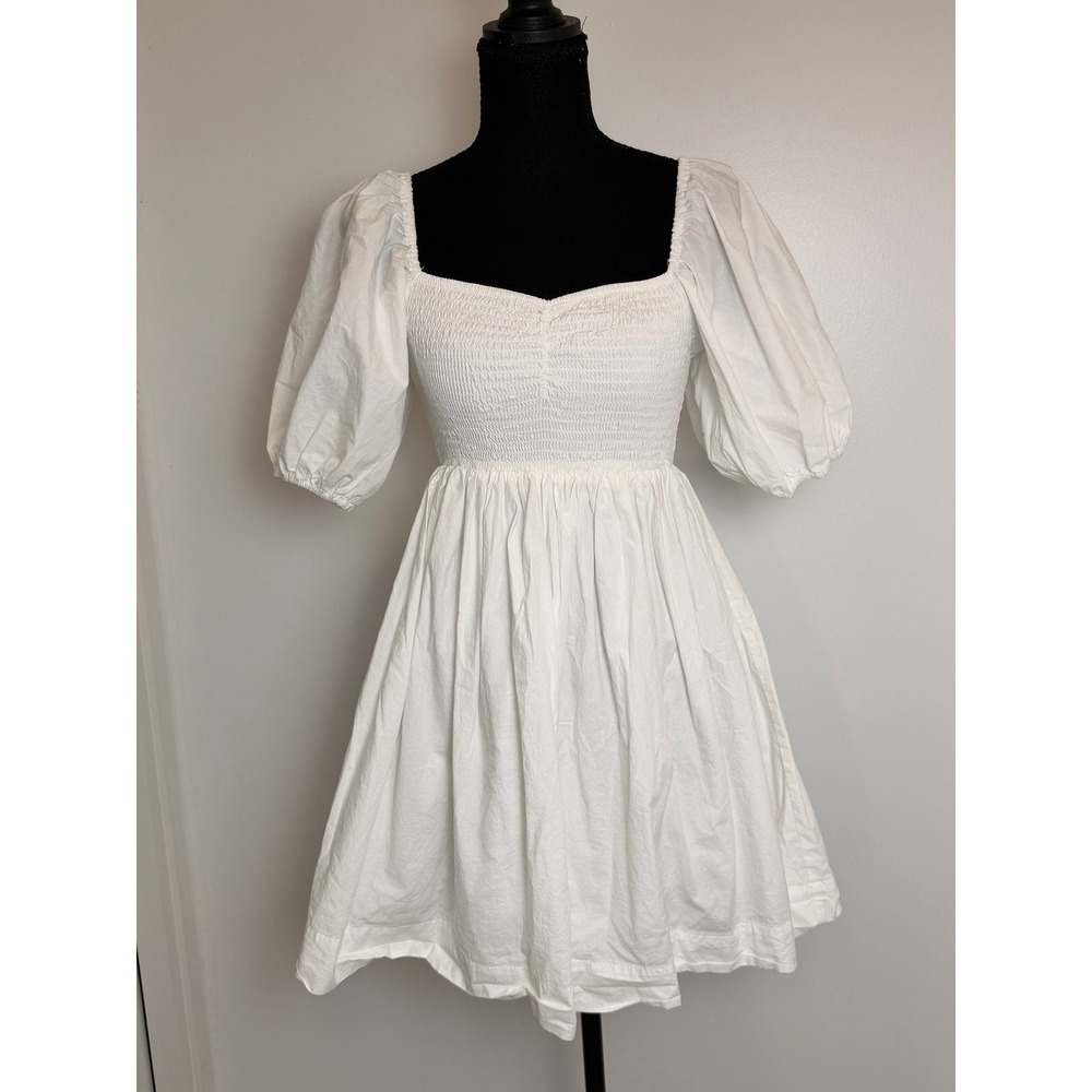 Cottagecore Coquette Cotton Smocked Mini Dress Neutral Puff Sleeve Sweetheart XS